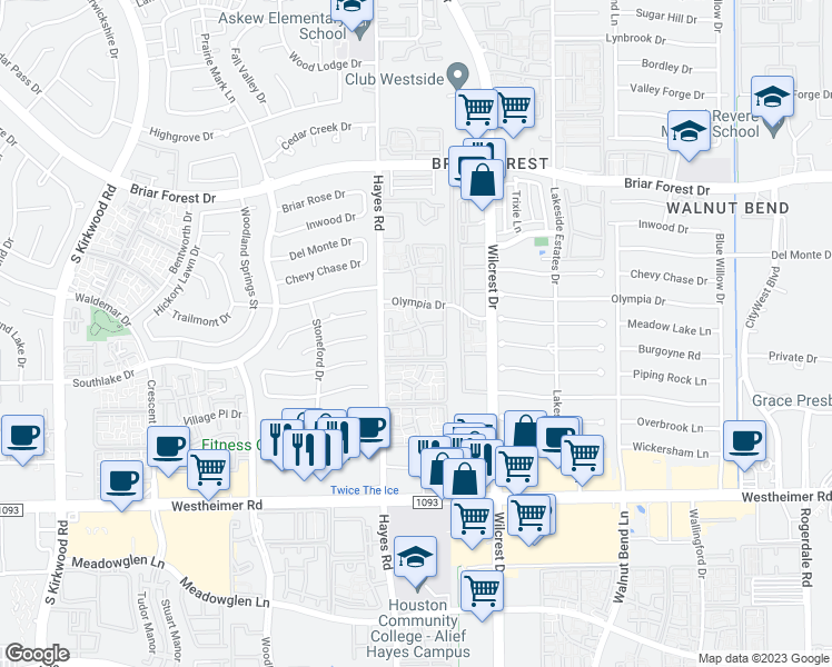 map of restaurants, bars, coffee shops, grocery stores, and more near 2201 Hayes Road in Houston