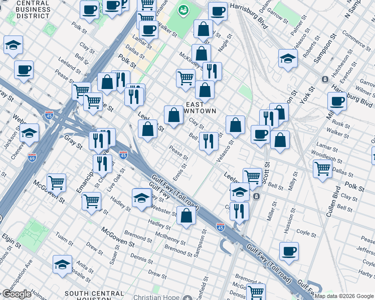 map of restaurants, bars, coffee shops, grocery stores, and more near 2905 Pease Street in Houston