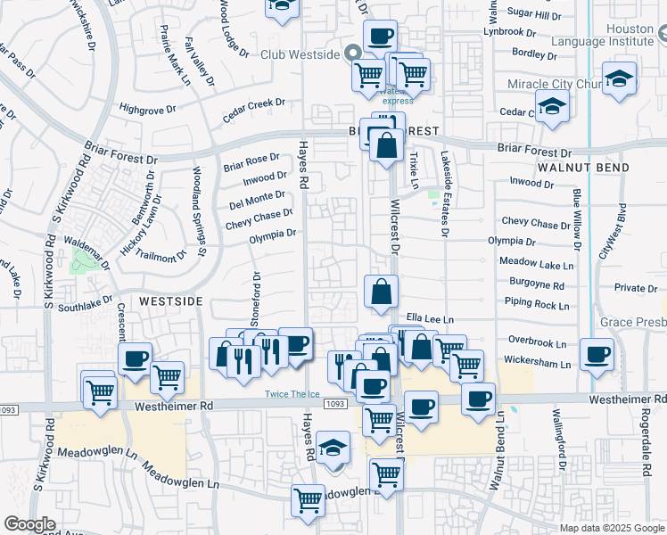 map of restaurants, bars, coffee shops, grocery stores, and more near 2201 Hayes Road in Houston