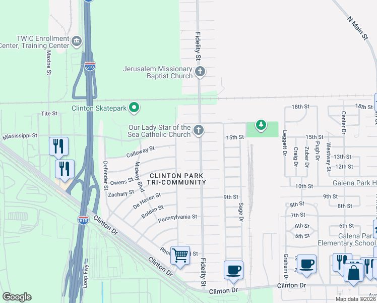 map of restaurants, bars, coffee shops, grocery stores, and more near 326 Clearwater Street in Houston