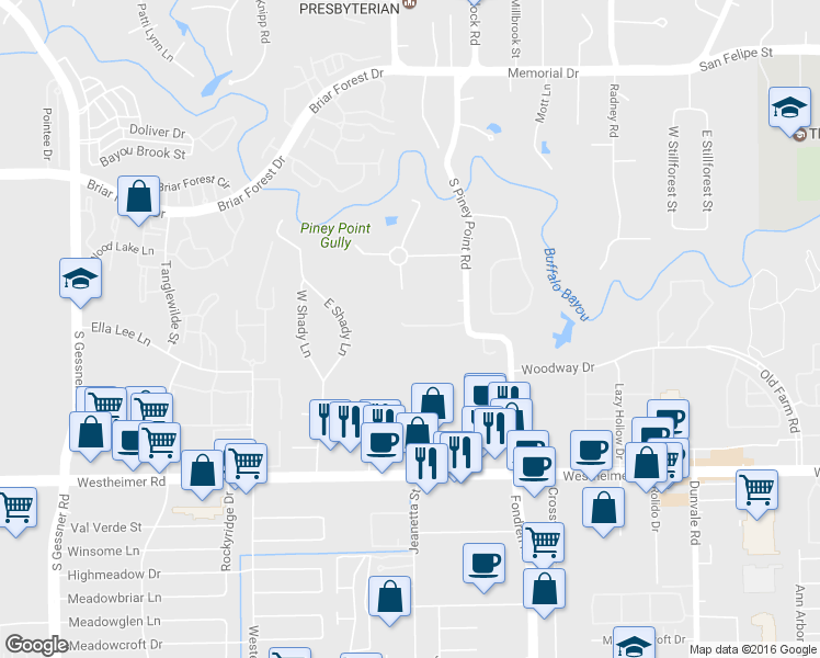 map of restaurants, bars, coffee shops, grocery stores, and more near 22 East Shady Lane in Houston