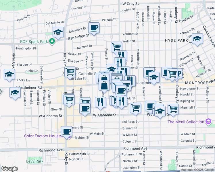 map of restaurants, bars, coffee shops, grocery stores, and more near 2119 Westheimer Road in Houston