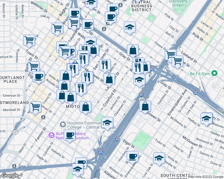 map of restaurants, bars, coffee shops, grocery stores, and more near 2624 Dennis Street in Houston