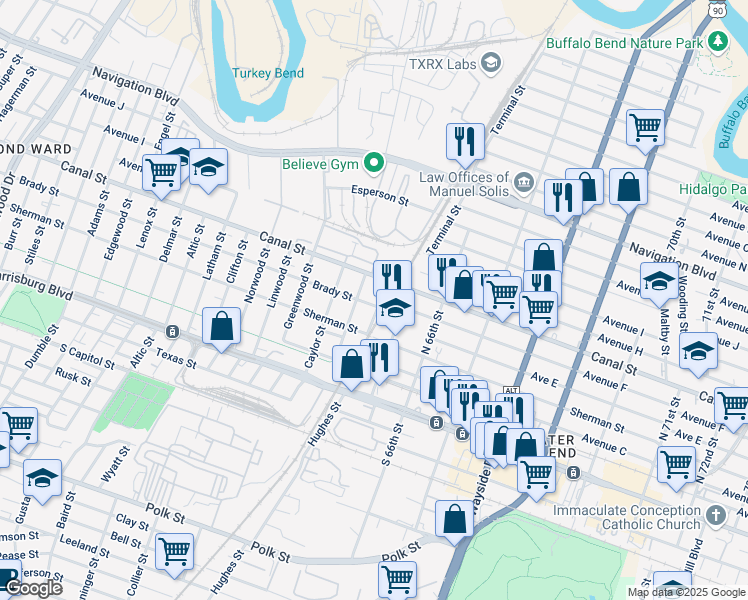 map of restaurants, bars, coffee shops, grocery stores, and more near 6318 Brady Street in Houston