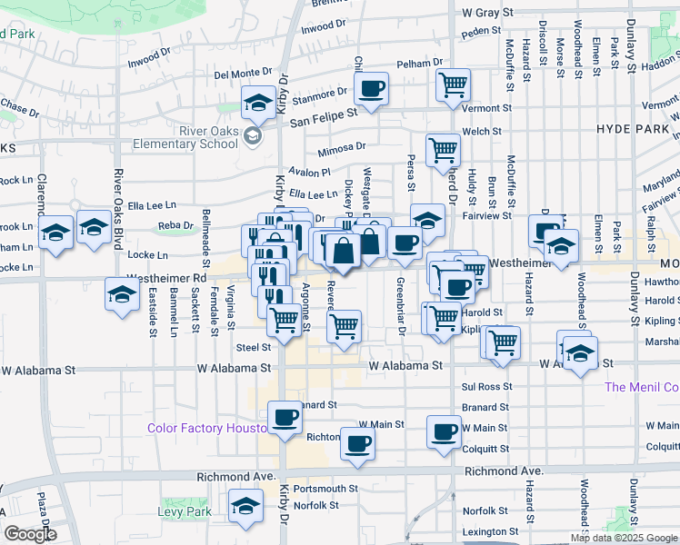map of restaurants, bars, coffee shops, grocery stores, and more near 2600 Revere Street in Houston