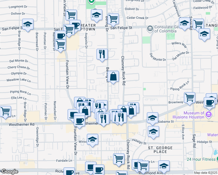 map of restaurants, bars, coffee shops, grocery stores, and more near 2362M Bering Drive in Houston