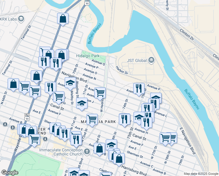 map of restaurants, bars, coffee shops, grocery stores, and more near 7209 Navigation Boulevard in Houston
