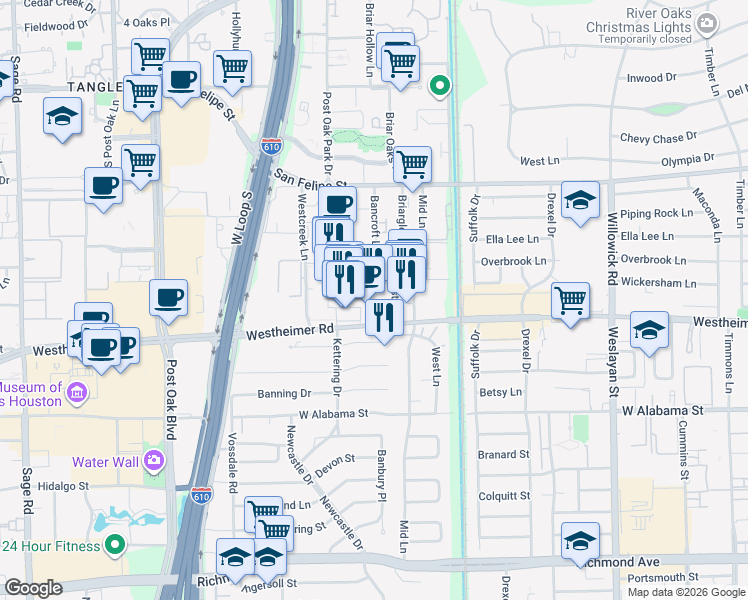 map of restaurants, bars, coffee shops, grocery stores, and more near 4410 Westheimer Road in Houston