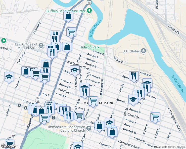 map of restaurants, bars, coffee shops, grocery stores, and more near 7110 Avenue L in Houston