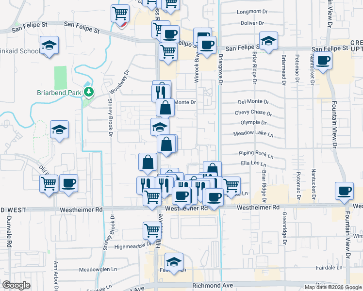 map of restaurants, bars, coffee shops, grocery stores, and more near 6459 Burgoyne Drive in Houston