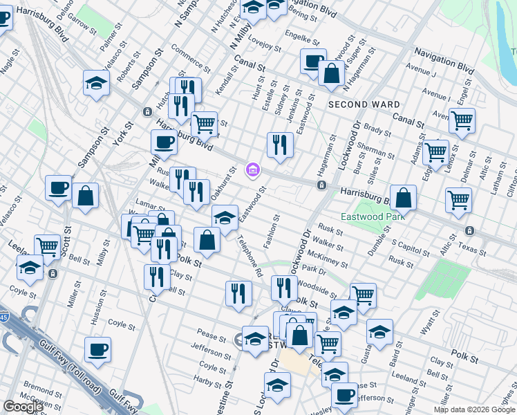 map of restaurants, bars, coffee shops, grocery stores, and more near 4402 Walker Street in Houston