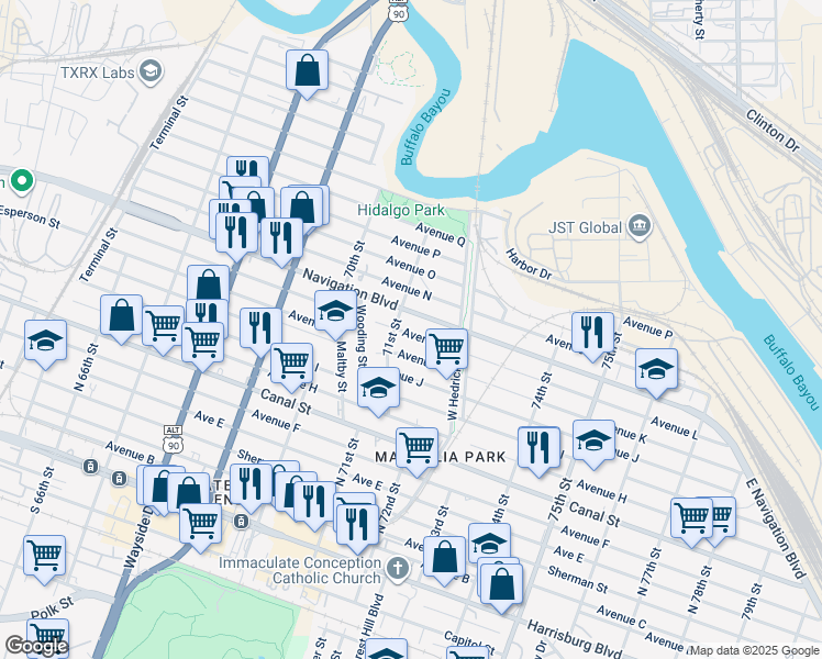 map of restaurants, bars, coffee shops, grocery stores, and more near 7110 Avenue L in Houston