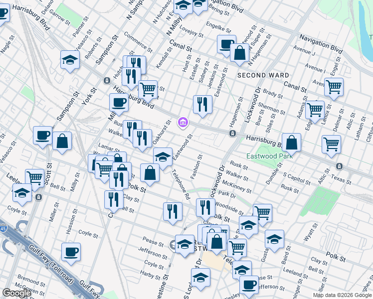 map of restaurants, bars, coffee shops, grocery stores, and more near 4402 Walker Street in Houston