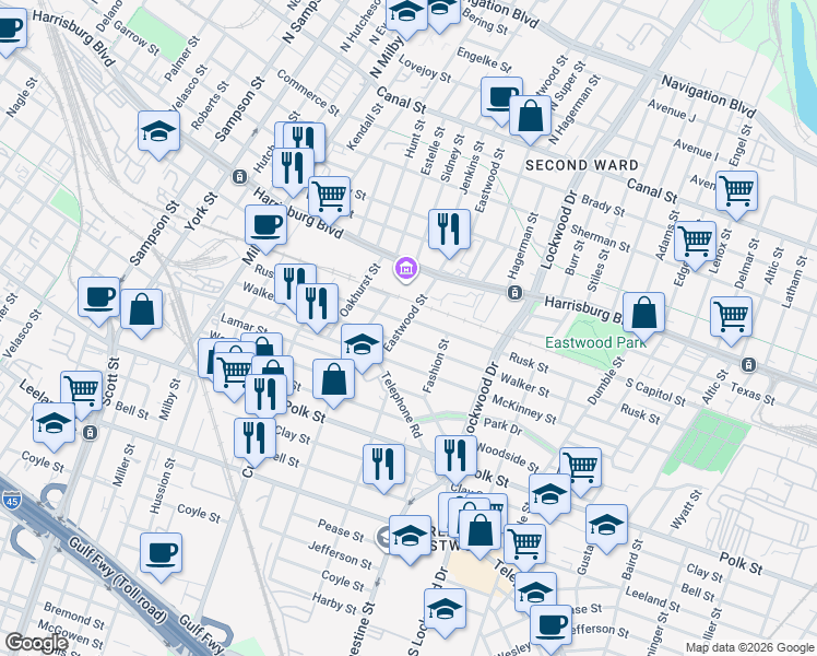 map of restaurants, bars, coffee shops, grocery stores, and more near 4402 Walker Street in Houston
