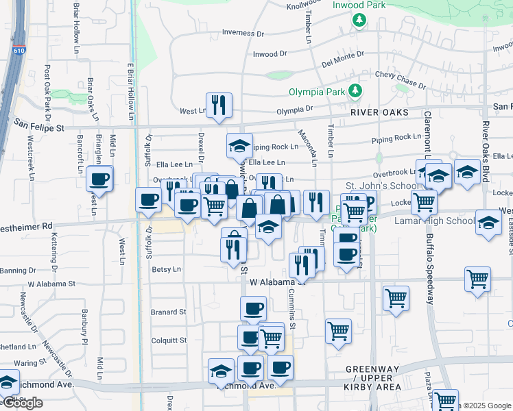 map of restaurants, bars, coffee shops, grocery stores, and more near 2511 Willowick Road in Houston