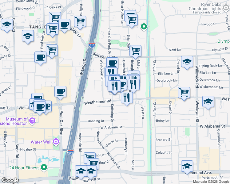 map of restaurants, bars, coffee shops, grocery stores, and more near 4444 Westheimer Road in Houston