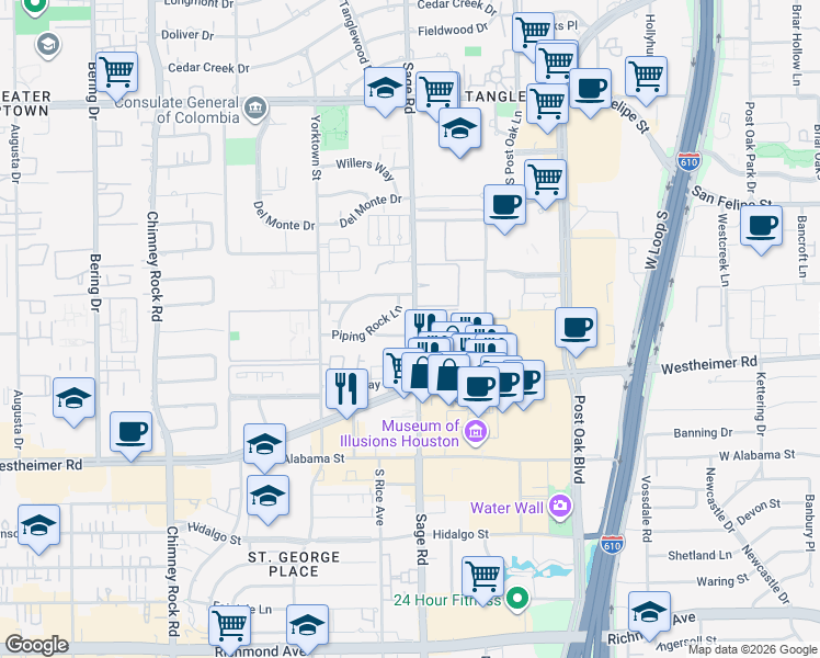 map of restaurants, bars, coffee shops, grocery stores, and more near 5211 Chesapeake Way in Houston