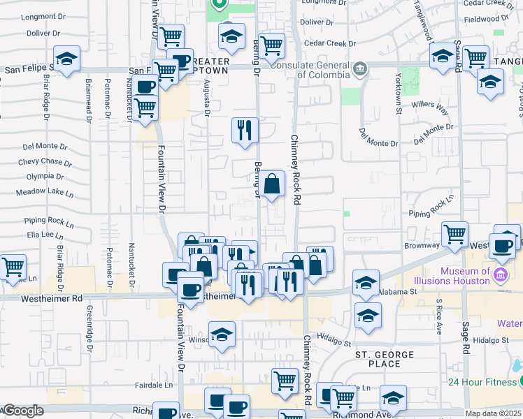 map of restaurants, bars, coffee shops, grocery stores, and more near 2362M Bering Drive in Houston