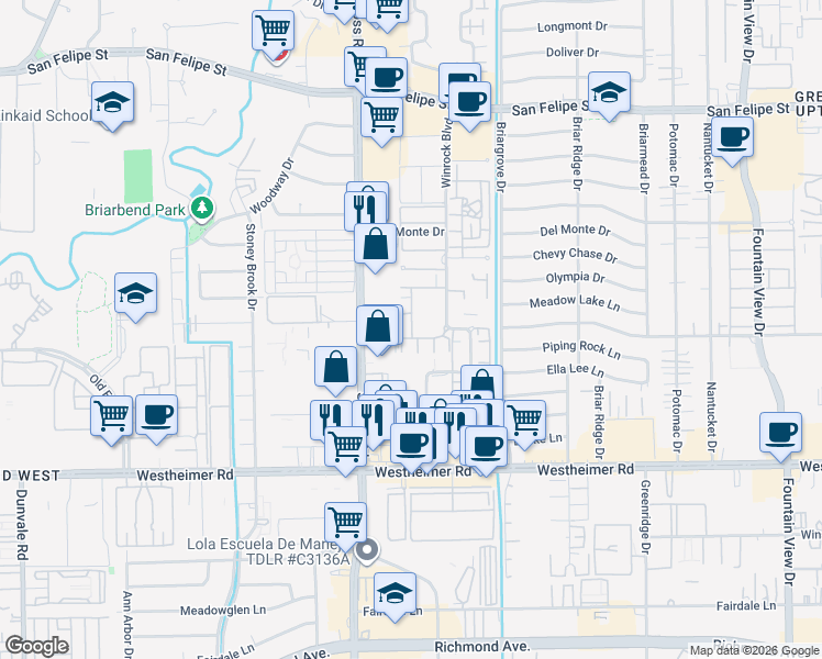 map of restaurants, bars, coffee shops, grocery stores, and more near 6459 Burgoyne Drive in Houston
