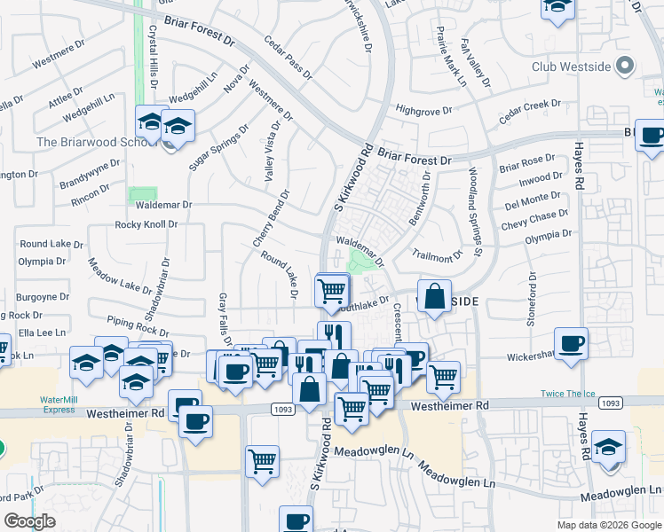 map of restaurants, bars, coffee shops, grocery stores, and more near 2215 Kinbrook Drive in Houston