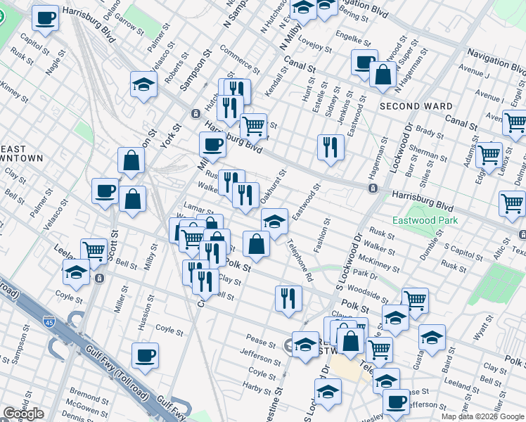 map of restaurants, bars, coffee shops, grocery stores, and more near 4301 McKinney Street in Houston