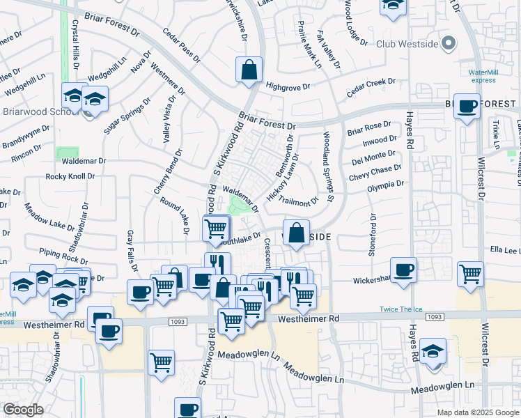 map of restaurants, bars, coffee shops, grocery stores, and more near 2238 Hickory Lawn Drive in Houston