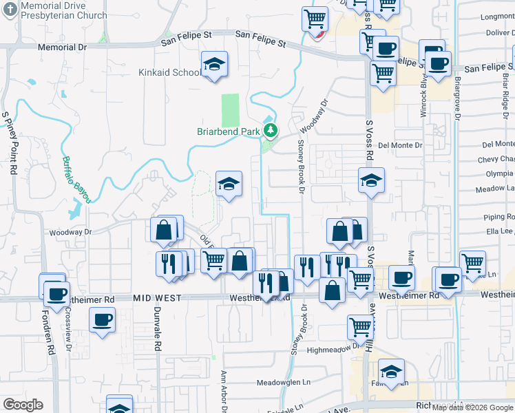 map of restaurants, bars, coffee shops, grocery stores, and more near 8001 Burgoyne Drive in Houston