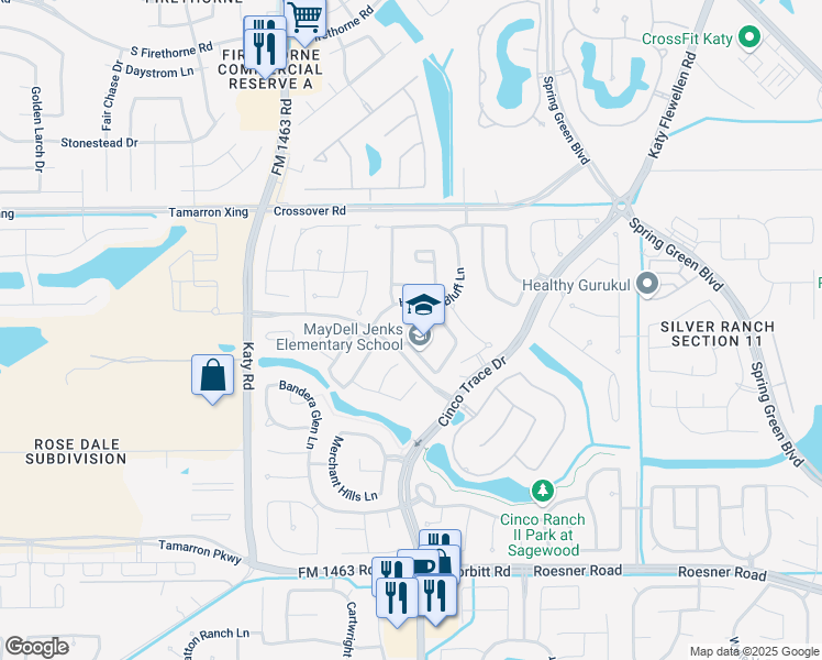 map of restaurants, bars, coffee shops, grocery stores, and more near 27602 Westridge Creek Lane in Katy