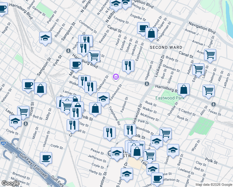 map of restaurants, bars, coffee shops, grocery stores, and more near 4402 Walker Street in Houston
