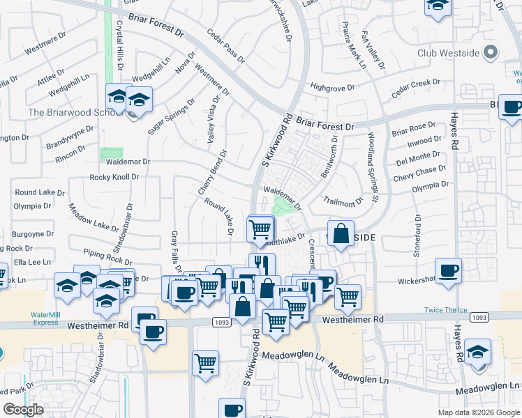 map of restaurants, bars, coffee shops, grocery stores, and more near 2215 Kinbrook Drive in Houston