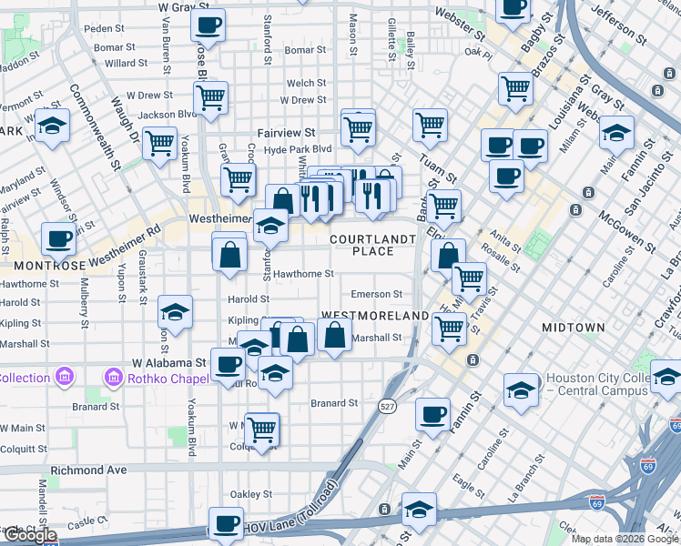map of restaurants, bars, coffee shops, grocery stores, and more near Hawthorne St & Garrott St in Houston