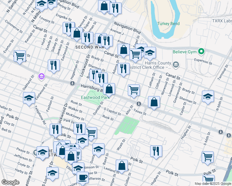 map of restaurants, bars, coffee shops, grocery stores, and more near 5208 Harrisburg Boulevard in Houston