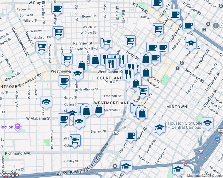 map of restaurants, bars, coffee shops, grocery stores, and more near Hawthorne St & Flora St in Houston