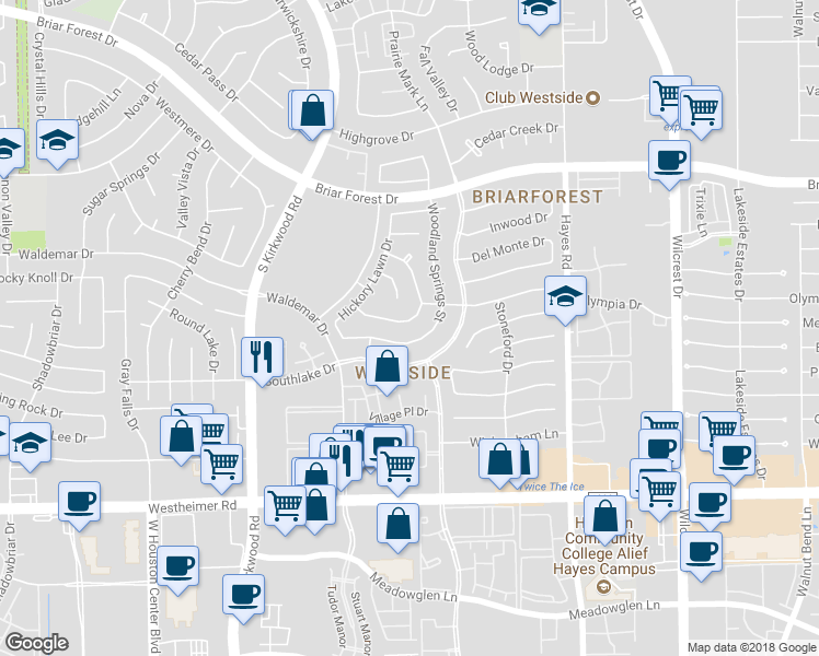 map of restaurants, bars, coffee shops, grocery stores, and more near 11619 Trailmont Drive in Houston