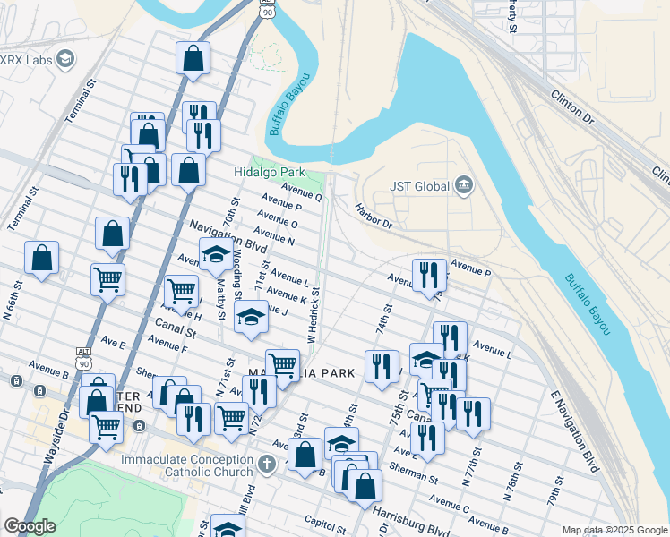 map of restaurants, bars, coffee shops, grocery stores, and more near 7209 Navigation Boulevard in Houston