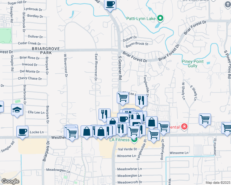 map of restaurants, bars, coffee shops, grocery stores, and more near 2150 South Gessner Road in Houston
