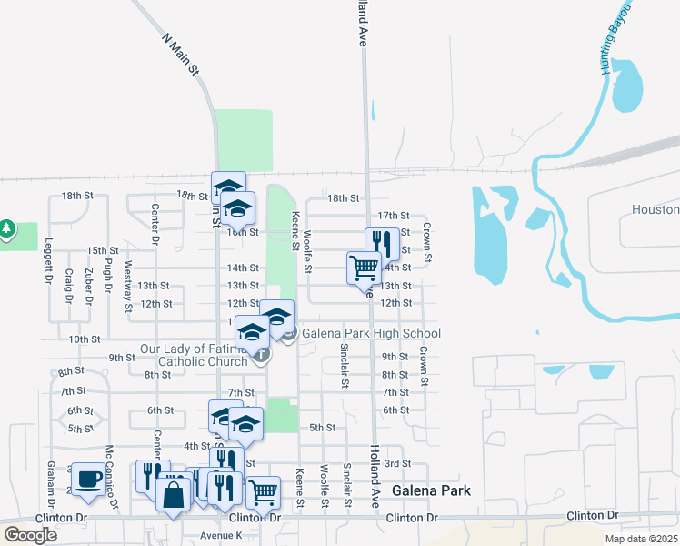 map of restaurants, bars, coffee shops, grocery stores, and more near 1425 13th Street in Galena Park