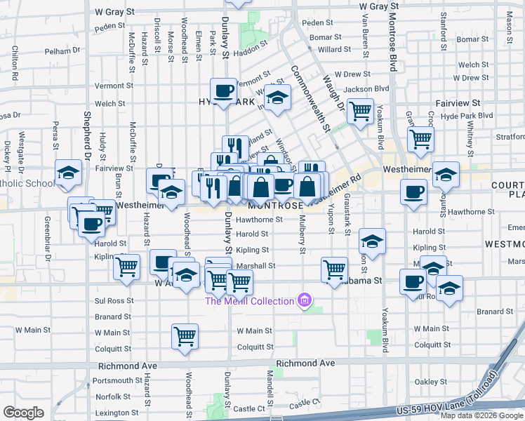 map of restaurants, bars, coffee shops, grocery stores, and more near 1611 Hawthorne Street in Houston