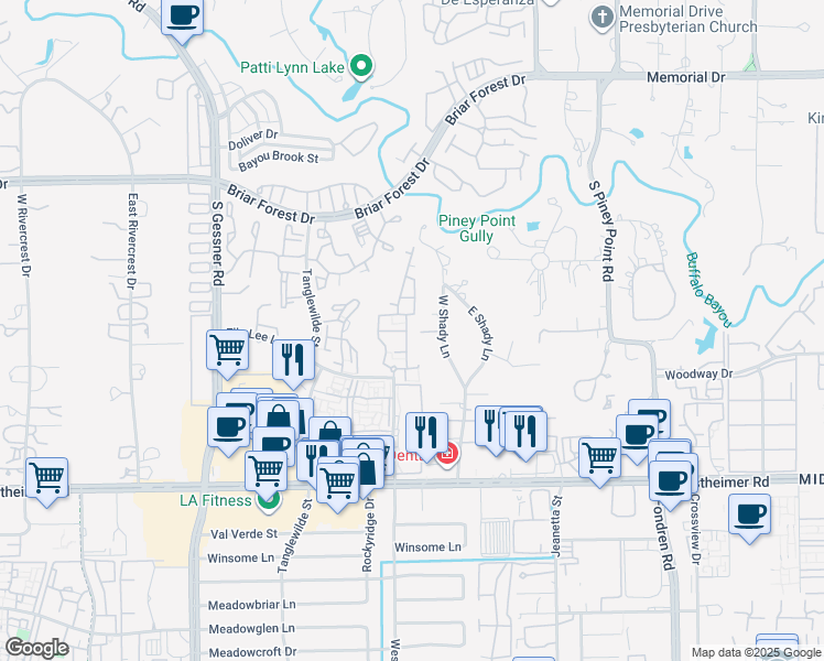 map of restaurants, bars, coffee shops, grocery stores, and more near 2222 Westerland Drive in Houston