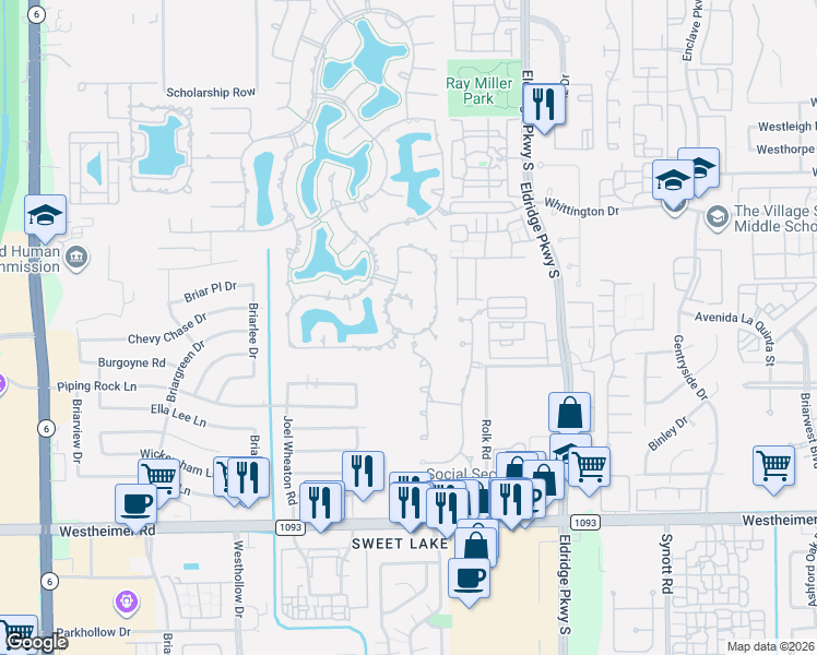 map of restaurants, bars, coffee shops, grocery stores, and more near 13610 Meridian Springs Lane in Houston