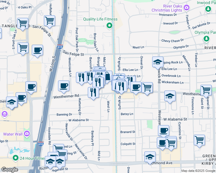 map of restaurants, bars, coffee shops, grocery stores, and more near 4200 Mid Lane in Houston