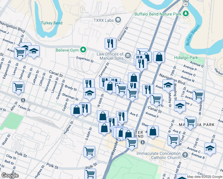 map of restaurants, bars, coffee shops, grocery stores, and more near 6641 Canal Street in Houston