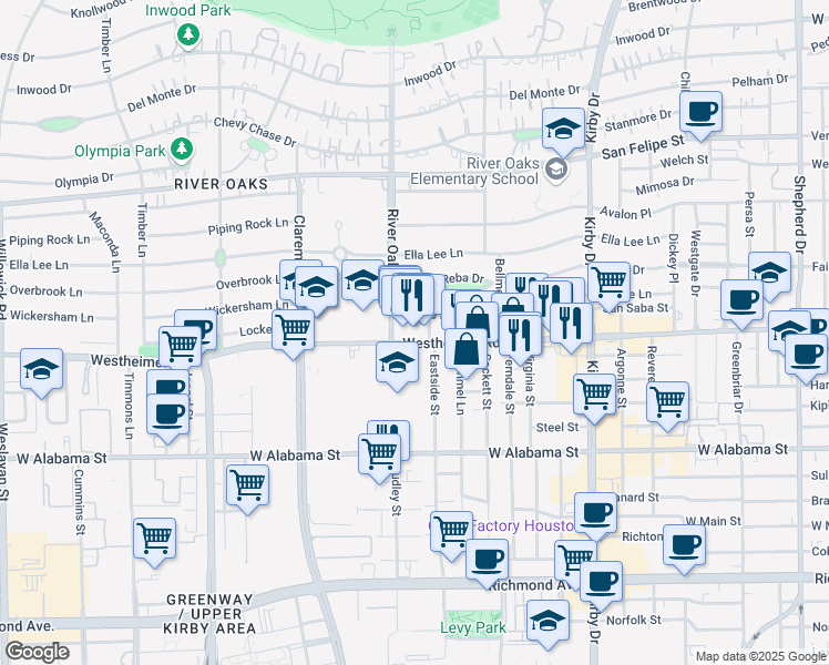 map of restaurants, bars, coffee shops, grocery stores, and more near 3266 Westheimer Road in Houston