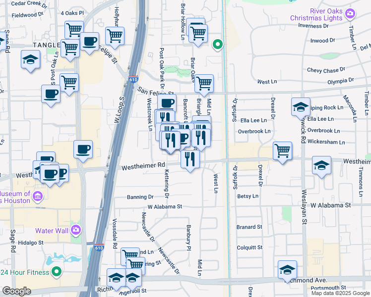 map of restaurants, bars, coffee shops, grocery stores, and more near 4444 Westheimer Road in Houston