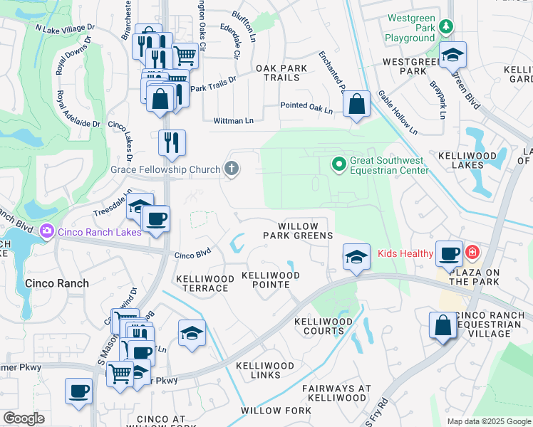 map of restaurants, bars, coffee shops, grocery stores, and more near 21422 Willow Glade Drive in Katy