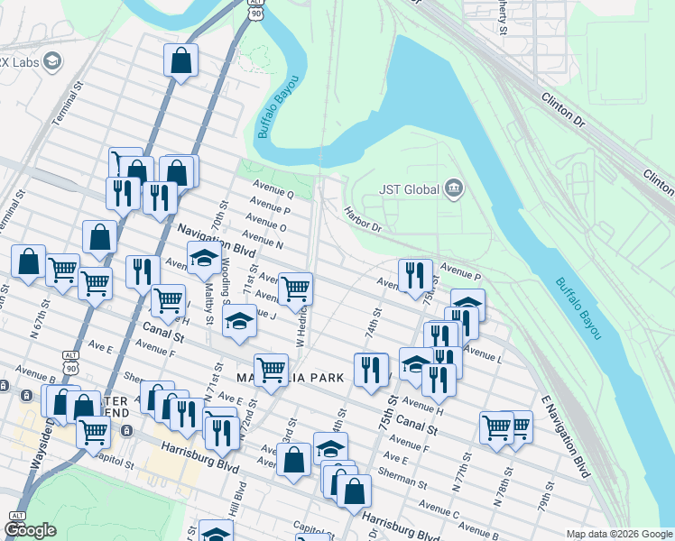 map of restaurants, bars, coffee shops, grocery stores, and more near 7209 Navigation Boulevard in Houston