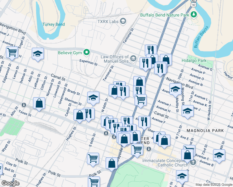 map of restaurants, bars, coffee shops, grocery stores, and more near 6641 Canal Street in Houston