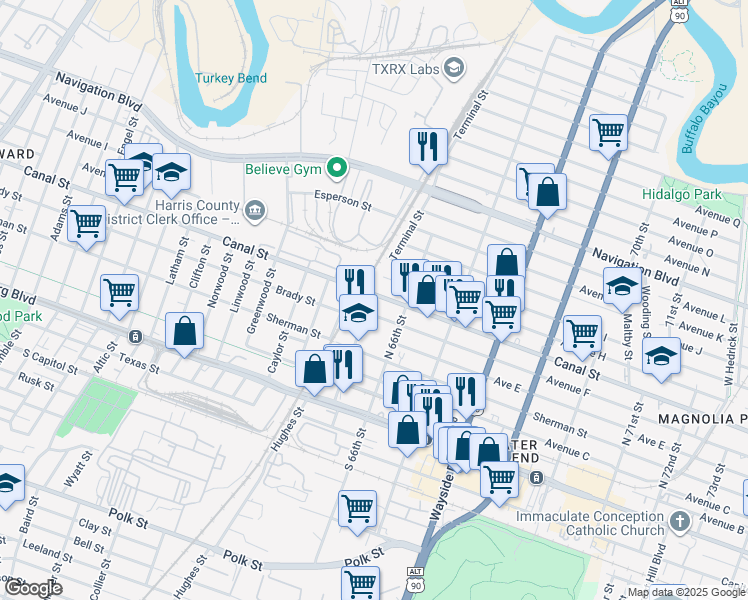 map of restaurants, bars, coffee shops, grocery stores, and more near 6503 Avenue F in Houston