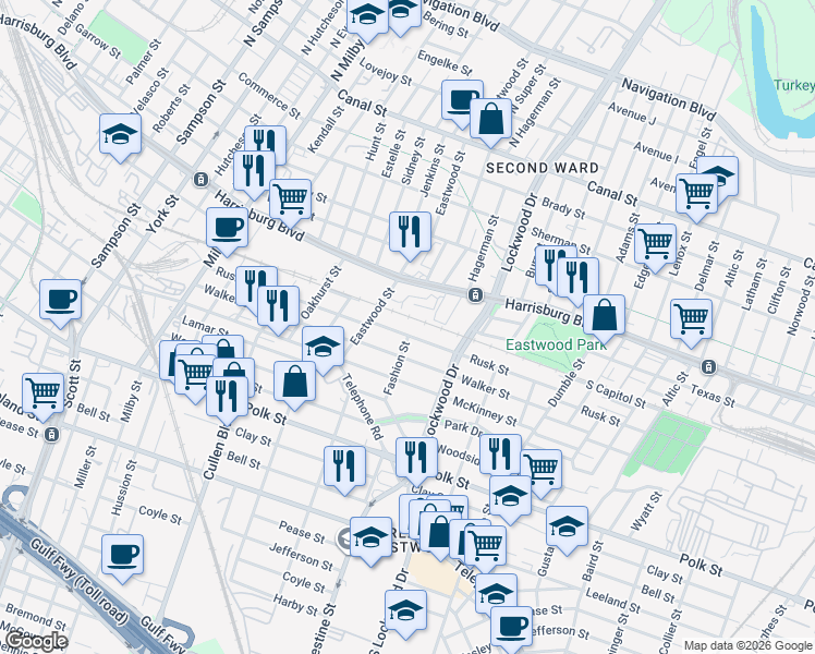 map of restaurants, bars, coffee shops, grocery stores, and more near 4440 Rusk Street in Houston