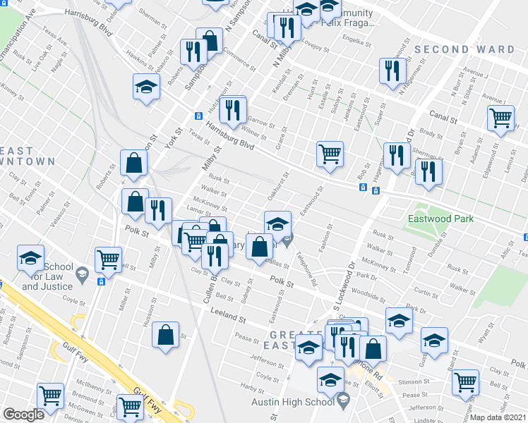 map of restaurants, bars, coffee shops, grocery stores, and more near 4301 McKinney Street in Houston